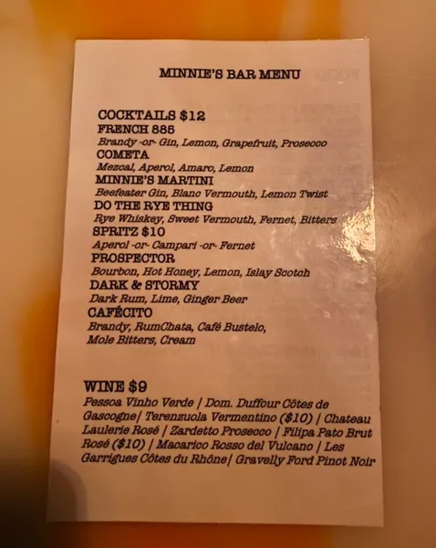 menu of Minnie's Bar