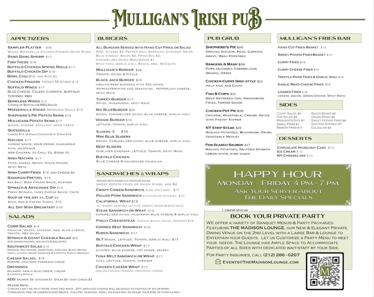 menu of Mulligan's Pub