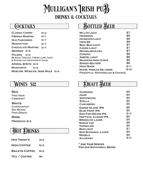 menu of Mulligan's Pub