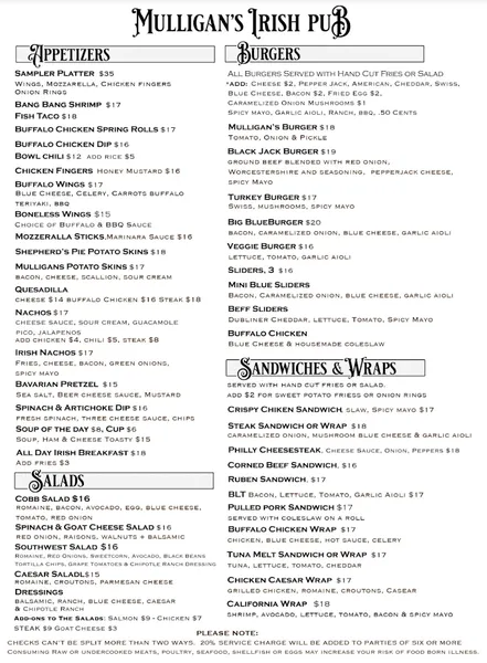 menu of Mulligan's Pub