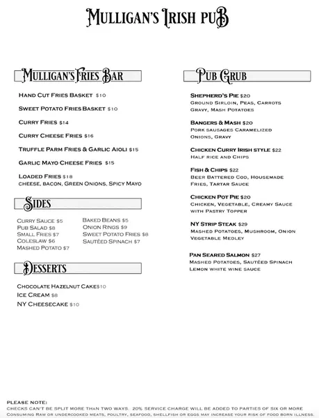 menu of Mulligan's Pub