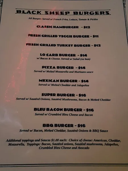 menu of The Black Sheep