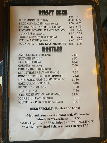 menu of Kenn's Broome Street Bar