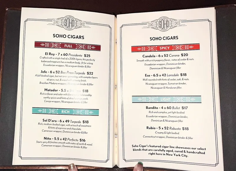 menu of SoHo Cigar Bar