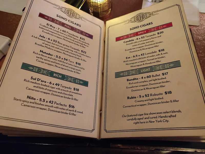 menu of SoHo Cigar Bar