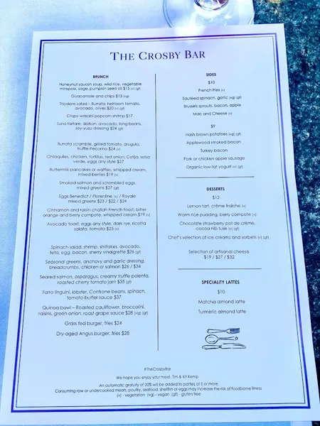 menu of The Crosby Bar