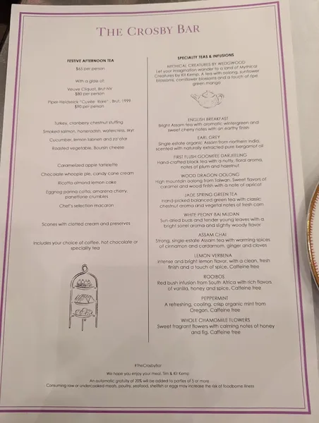 menu of The Crosby Bar