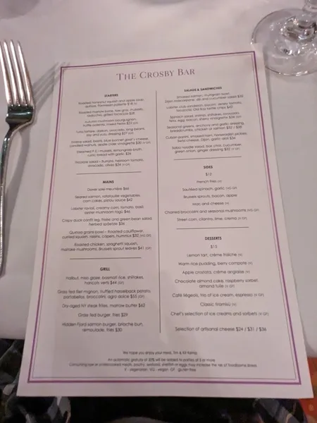 menu of The Crosby Bar