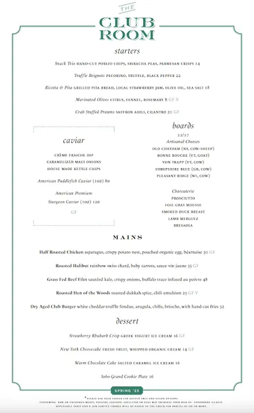 menu of Club Room at Soho Grand