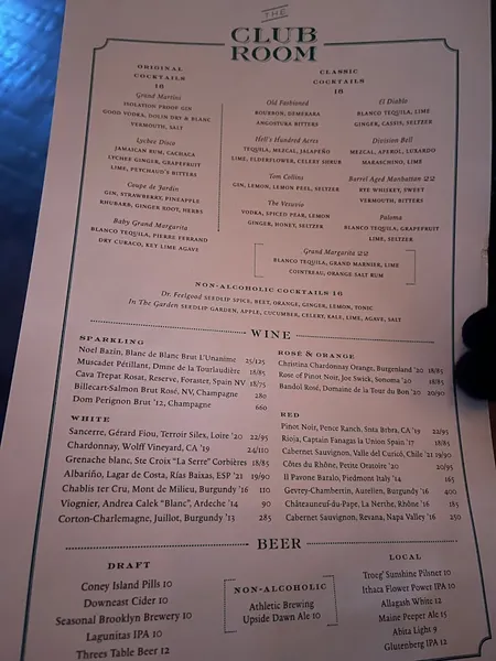 menu of Club Room at Soho Grand