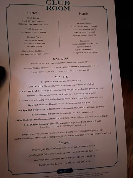 menu of Club Room at Soho Grand