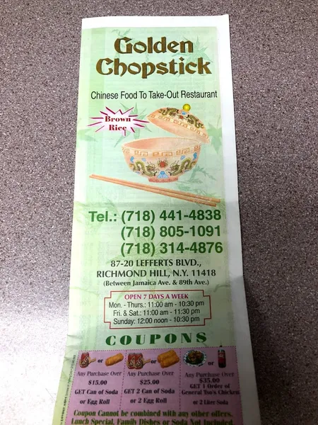 menu of Golden Chopsticks