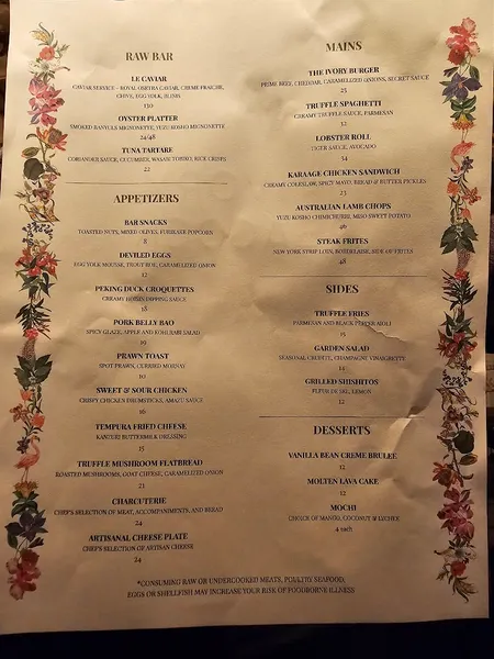 menu of The Ivory Peacock