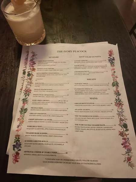 menu of The Ivory Peacock