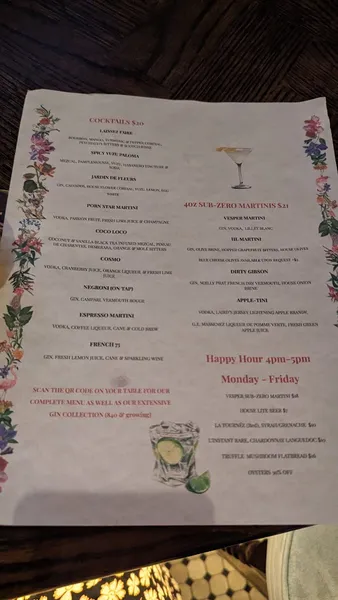 menu of The Ivory Peacock