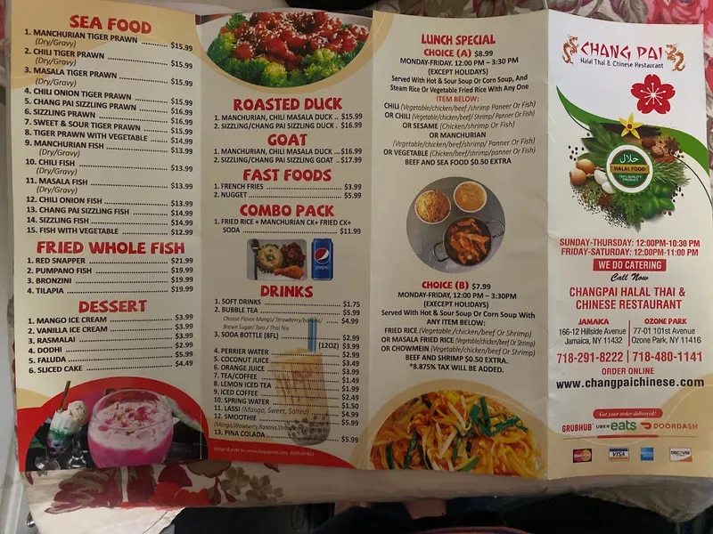 menu of Chang pai Chinese ozone park