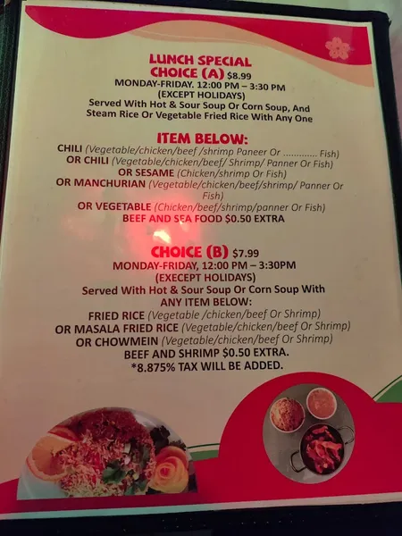 menu of Chang pai Chinese ozone park