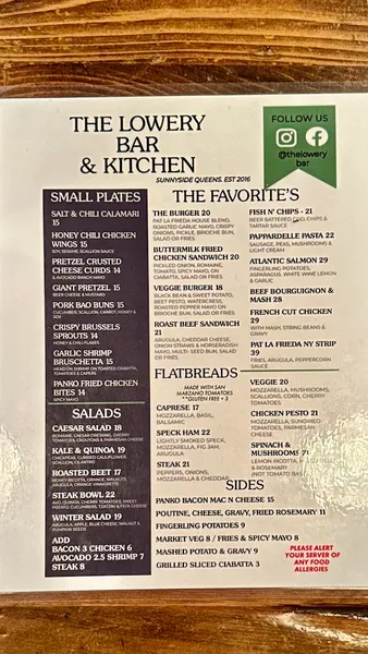 menu of The Lowery Bar & Kitchen