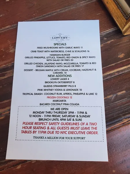 menu of The Lowery Bar & Kitchen