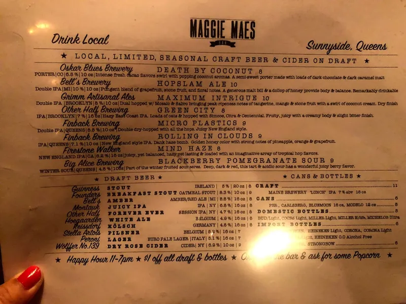 menu of Maggie Mae's Bar