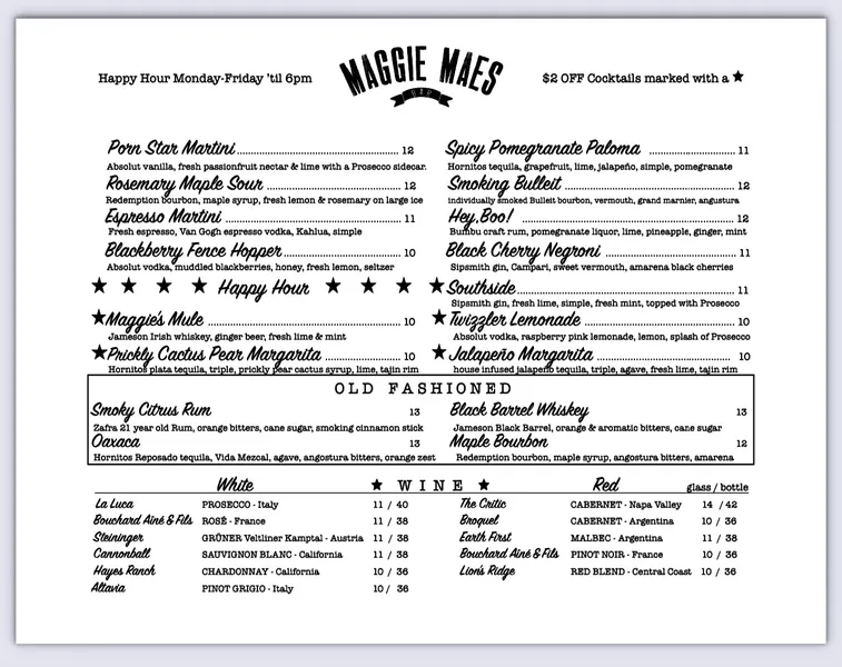 menu of Maggie Mae's Bar