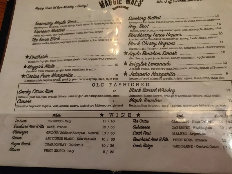 menu of Maggie Mae's Bar