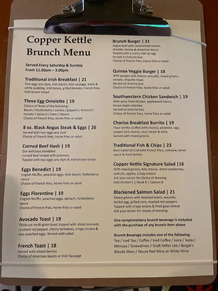 menu of Copper Kettle Bar & Restaurant