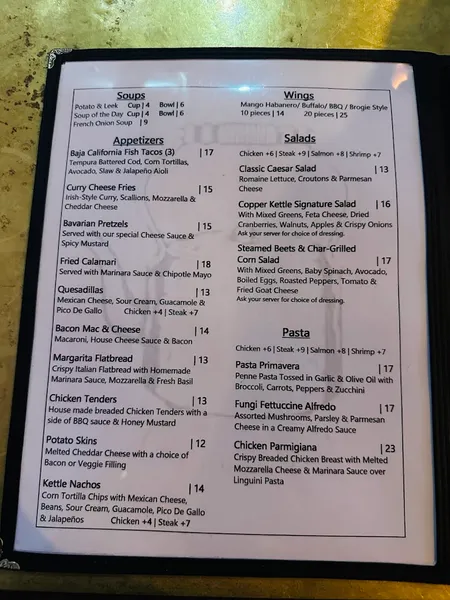 menu of Copper Kettle Bar & Restaurant