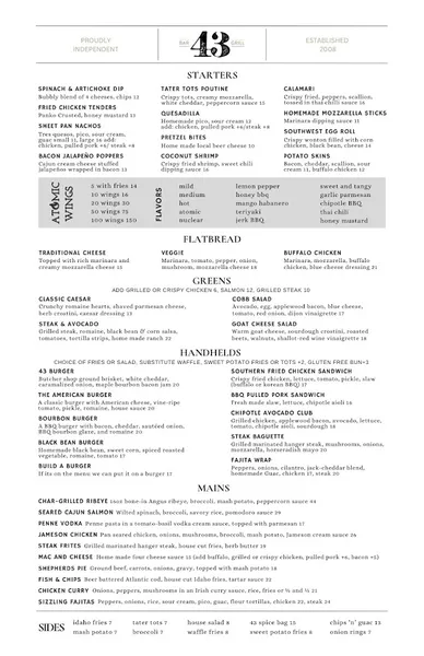 menu of 43 Bar & Grill