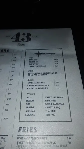 menu of 43 Bar & Grill