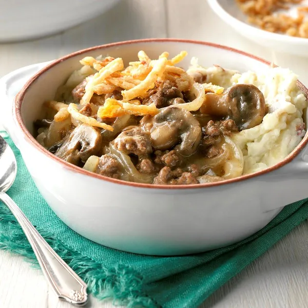 Beef and Mushrooms with Smashed Potatoes Hearty House