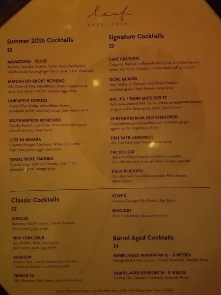 menu of Leaf Bar & Lounge