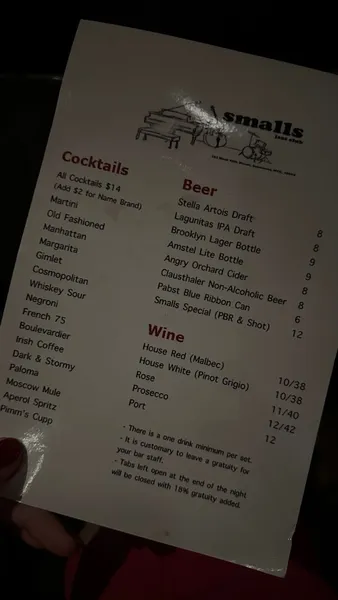 menu of Smalls Jazz Club