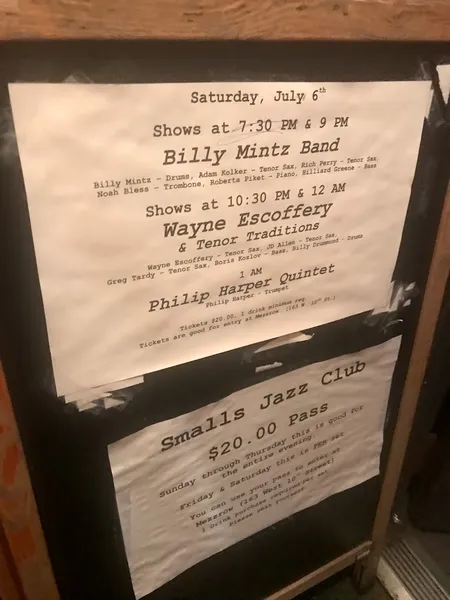 menu of Smalls Jazz Club