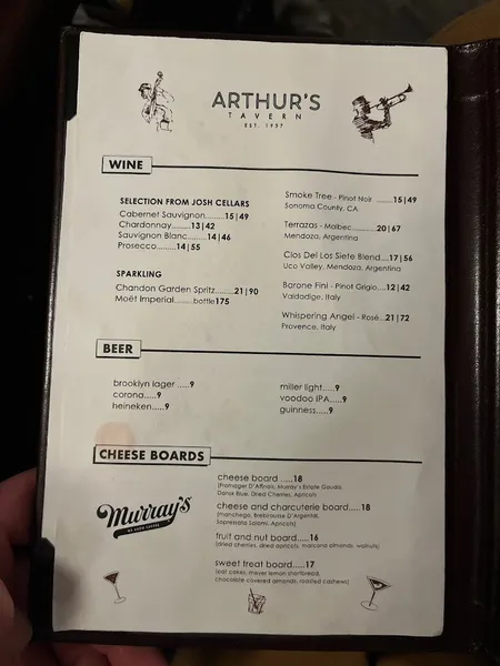 menu of Arthur's Tavern