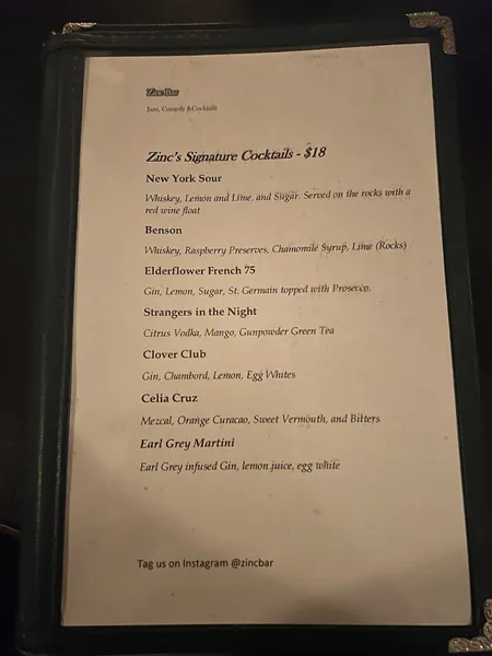 menu of Zinc Bar