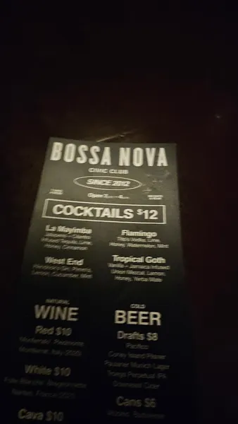 menu of Bossa Nova Civic Club