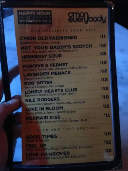 menu of C'mon Everybody