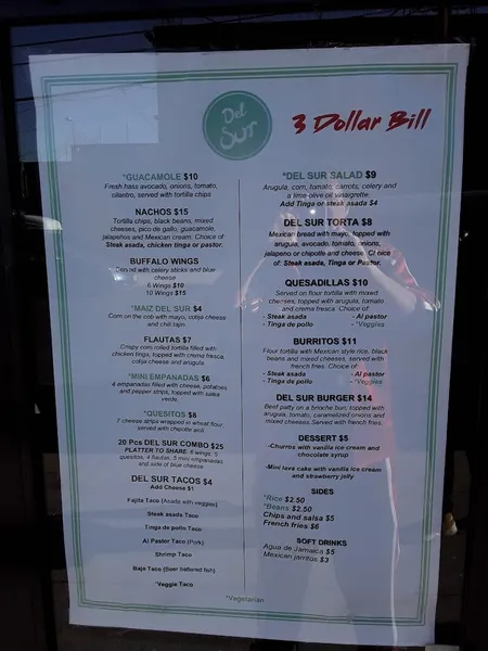 menu of 3 Dollar Bill