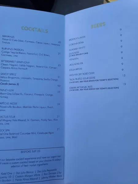 menu of RT60 Rooftop Bar & Lounge