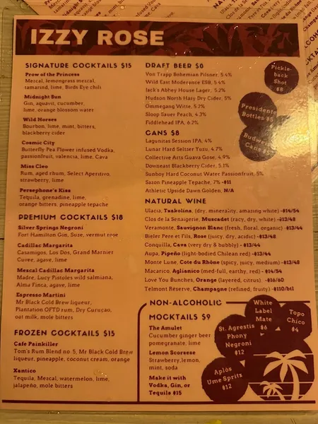 menu of Izzy Rose