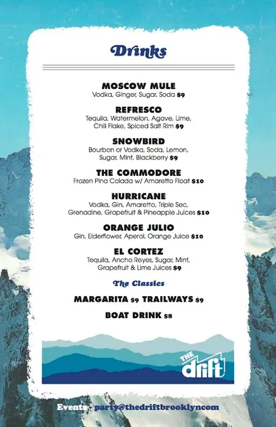 menu of The Drift