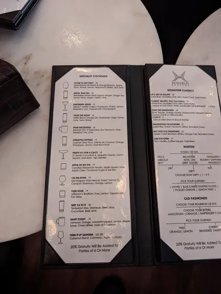 menu of Monarch Rooftop