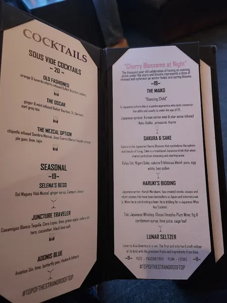 menu of Top of the Strand Rooftop Bar