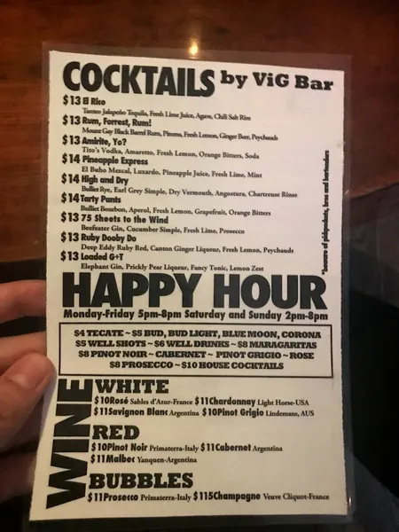 menu of Vig Bar