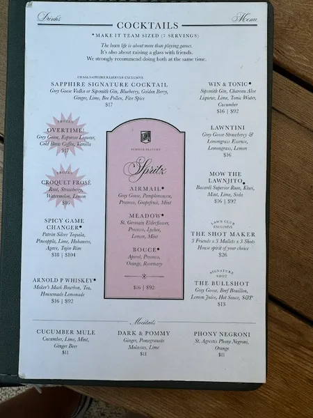 menu of The Garden Bar