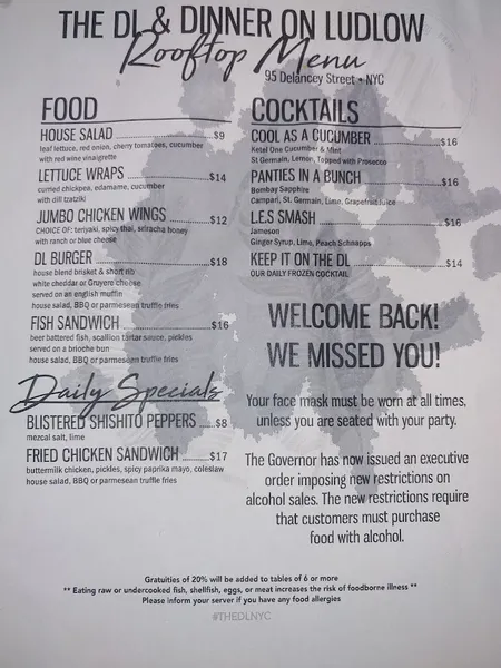 menu of The DL | Best Rooftop Lounge NYC