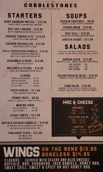 menu of Cobblestones Pub and Biergarten