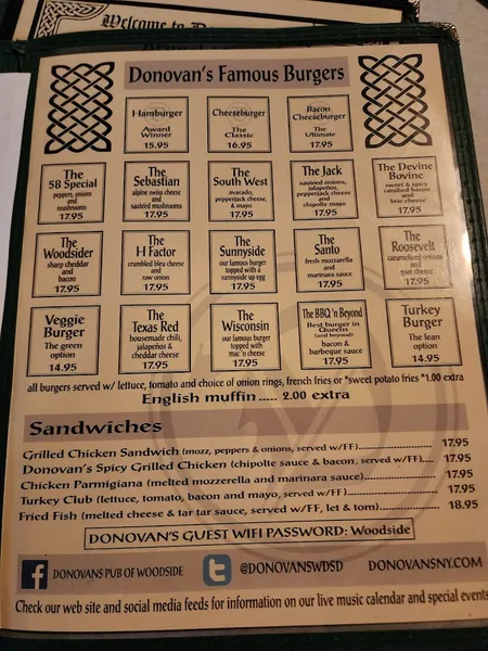 menu of Donovan's Pub