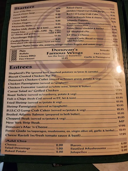 menu of Donovan's Pub